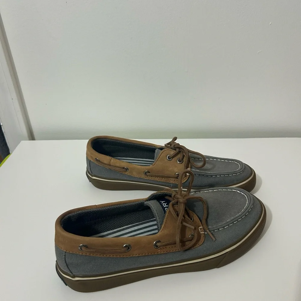SPERRY TOPSIDER BOAT SHOES MENS SIZE 9 M BROWN LEATHER & GRAY CANVAS 2 EYELET